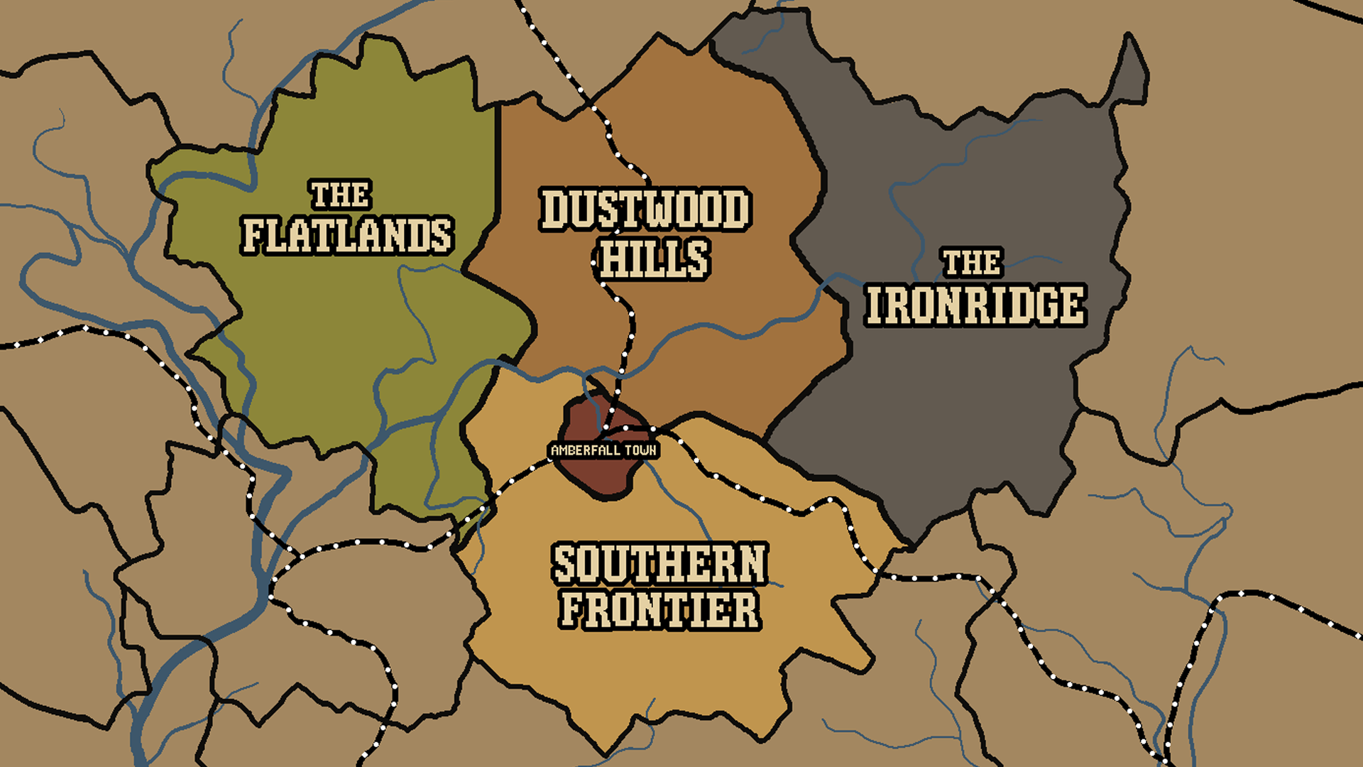 Pixel-art map of Amberfall showing five labeled regions - The Flatlands, Dustwood Hills, The Ironridge, Southern Frontier - around Amberfall Town, crossed by rivers and a dotted railway