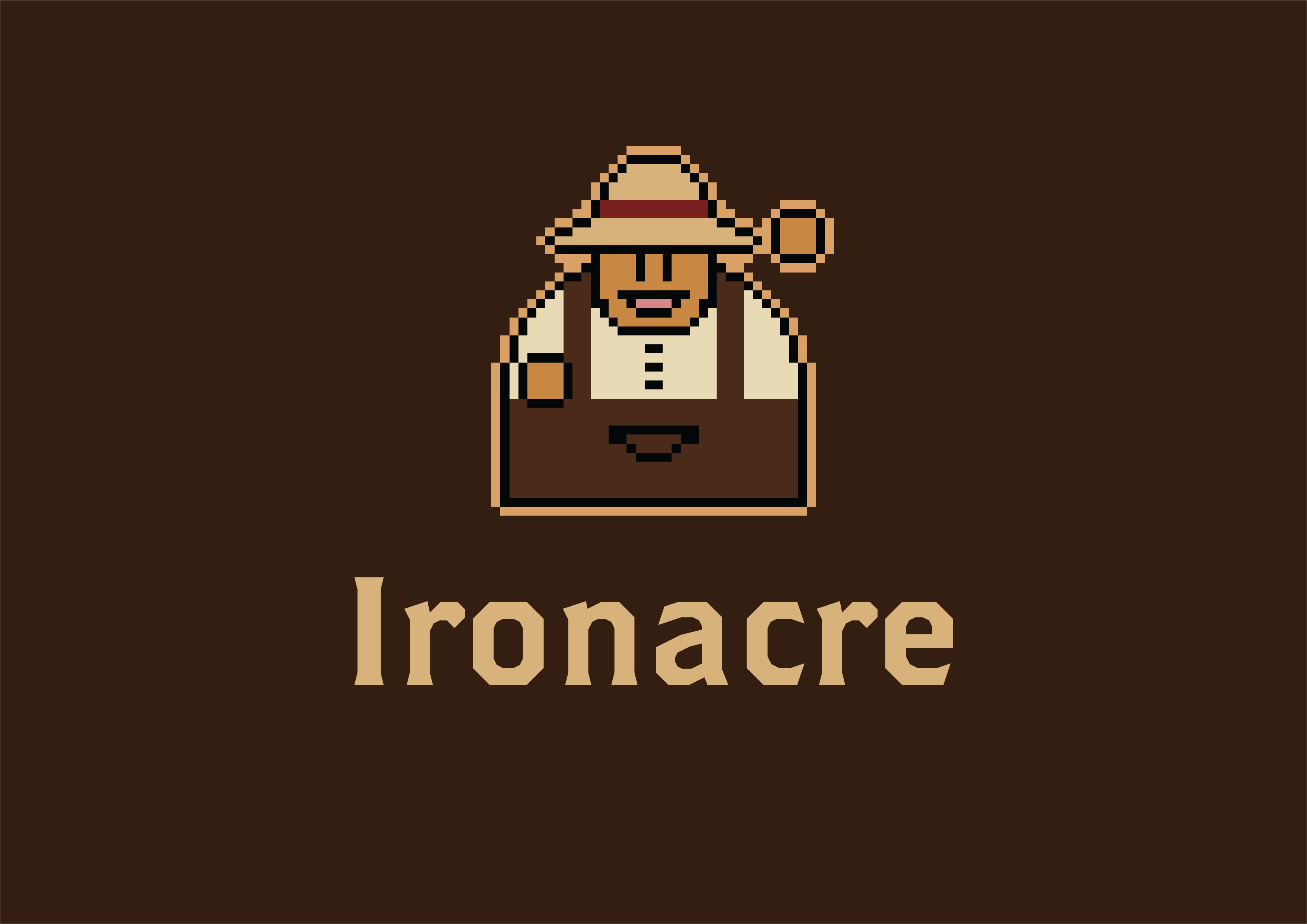 Ironacre pixel-art scene: a stone-and-timber ranch house with cattle grazing beside it, mountains behind