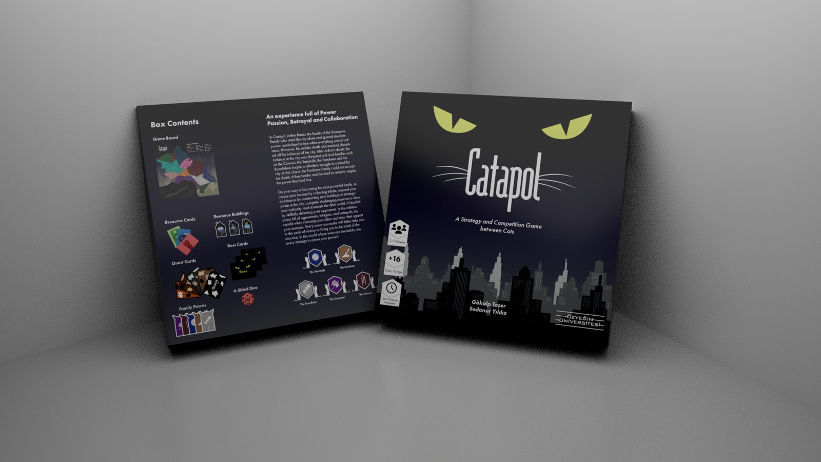 Catapol box mockup: the front cover with cat eyes over the skyline, and the back listing box contents - game board, resource cards, quest cards, family pawns, resource buildings, boss cards, and dice