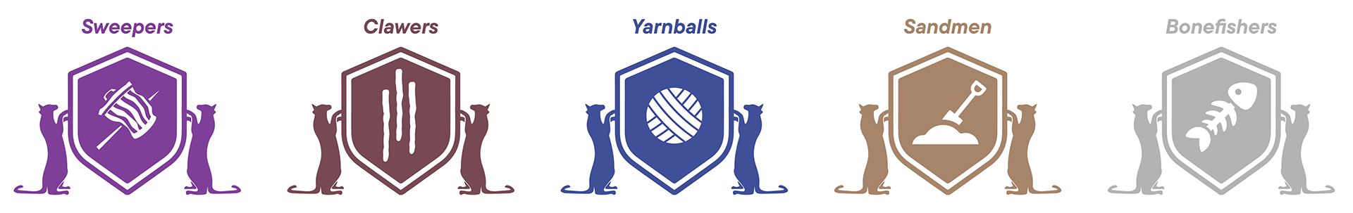 Five family crests held up by cat silhouettes: the Sweepers' broom, the Clawers' claw marks, the Yarnballs' yarn, the Sandmen's shovel, and the Bonefishers' fishbone