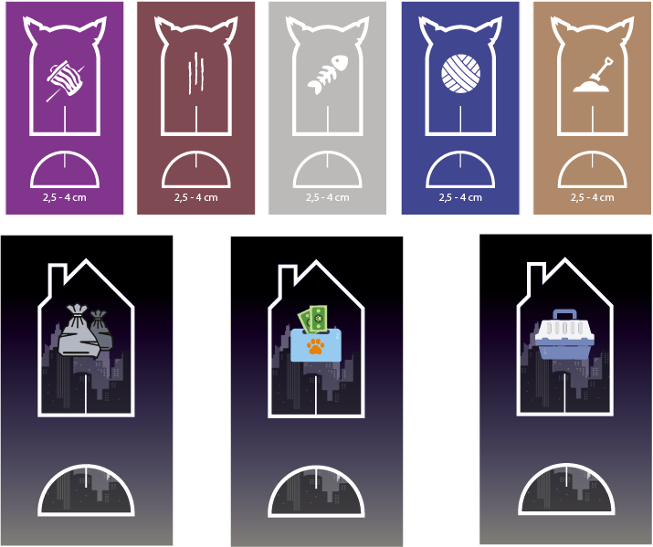 Standee designs: five family pawns in each family's color, and three building standees over the city skyline