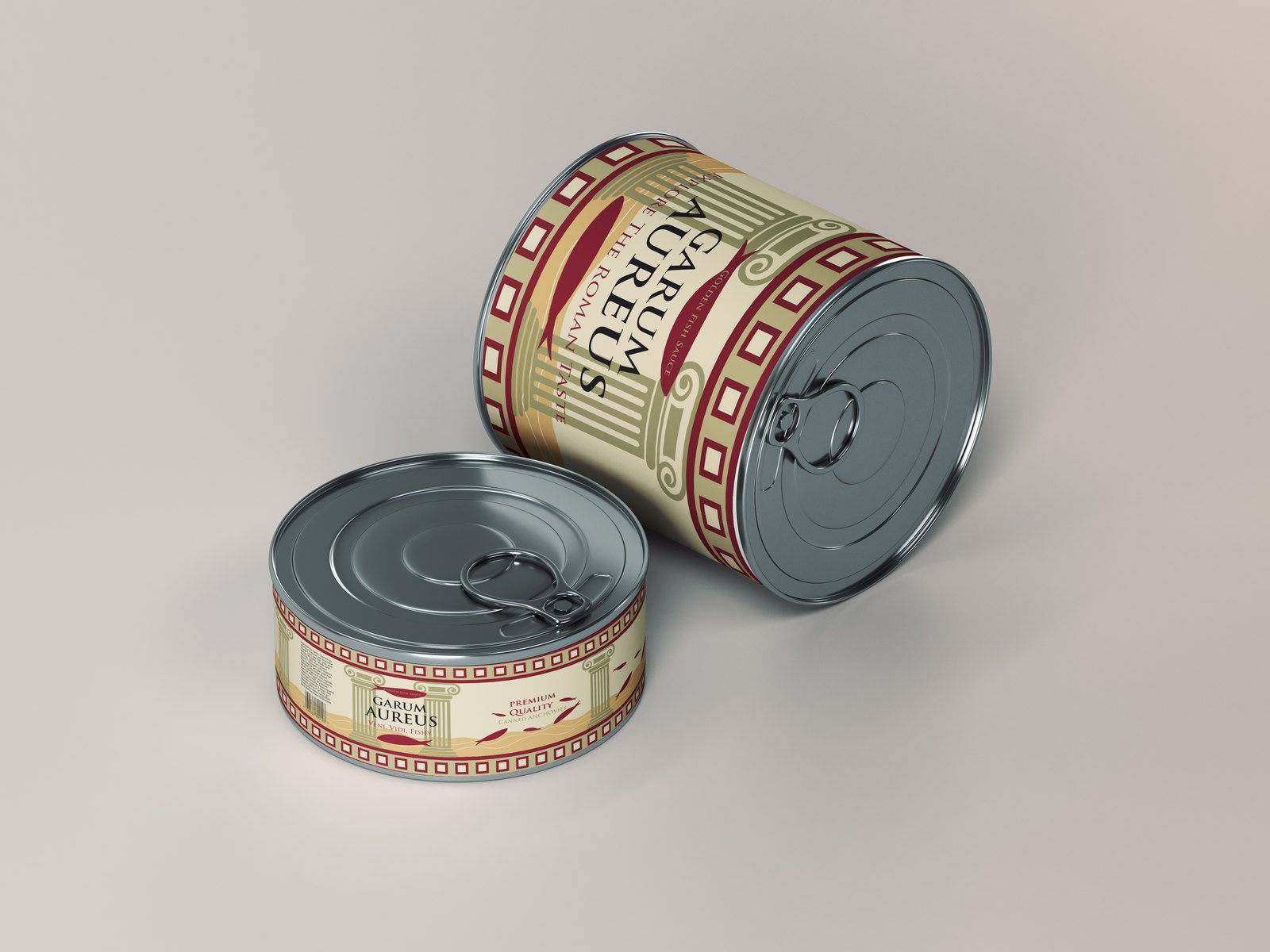 Garum Aureus: two tin cans with ornate Roman-style labels, photographed as a packaging mockup