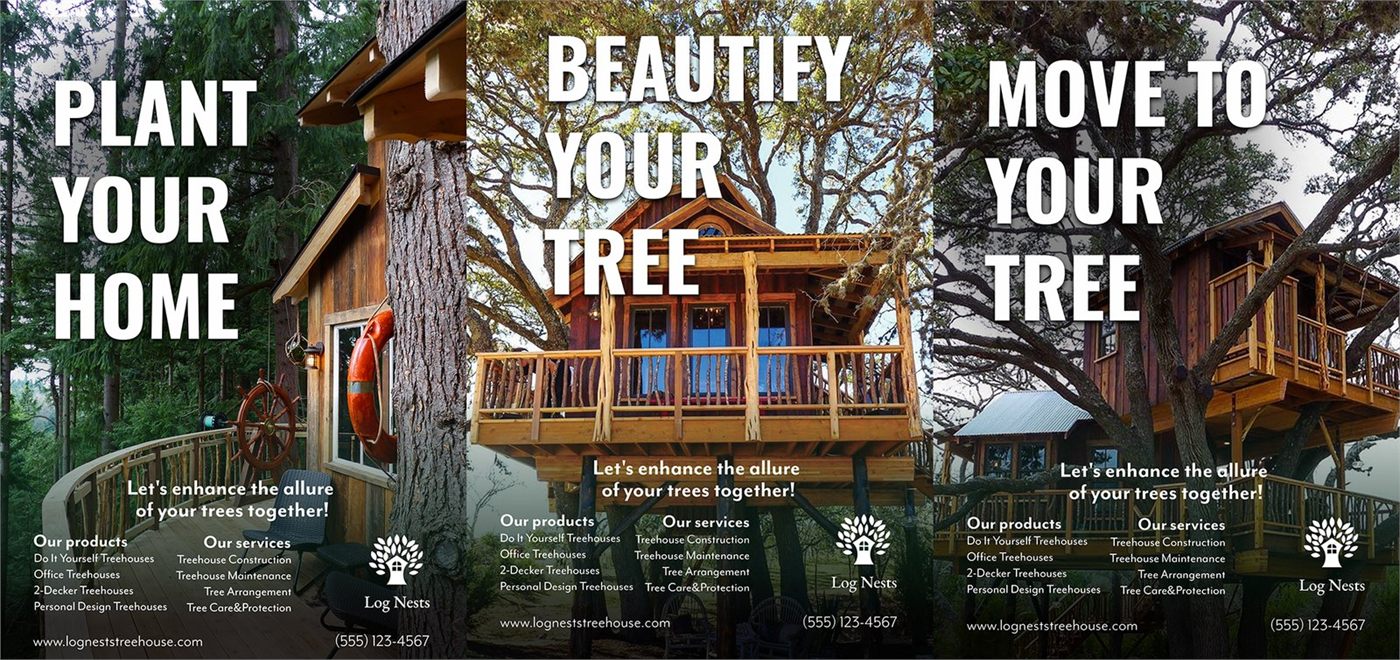 Three Log Nests campaign posters over treehouse photography, listing products and services with the slogan 'Let's enhance the allure of your trees together'