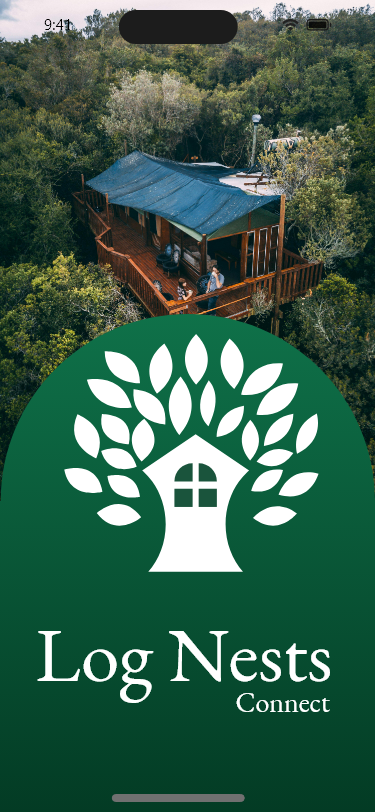 Log Nests Connect mobile app opening screen with a treehouse photograph, the white tree-home logo, and deep green branding