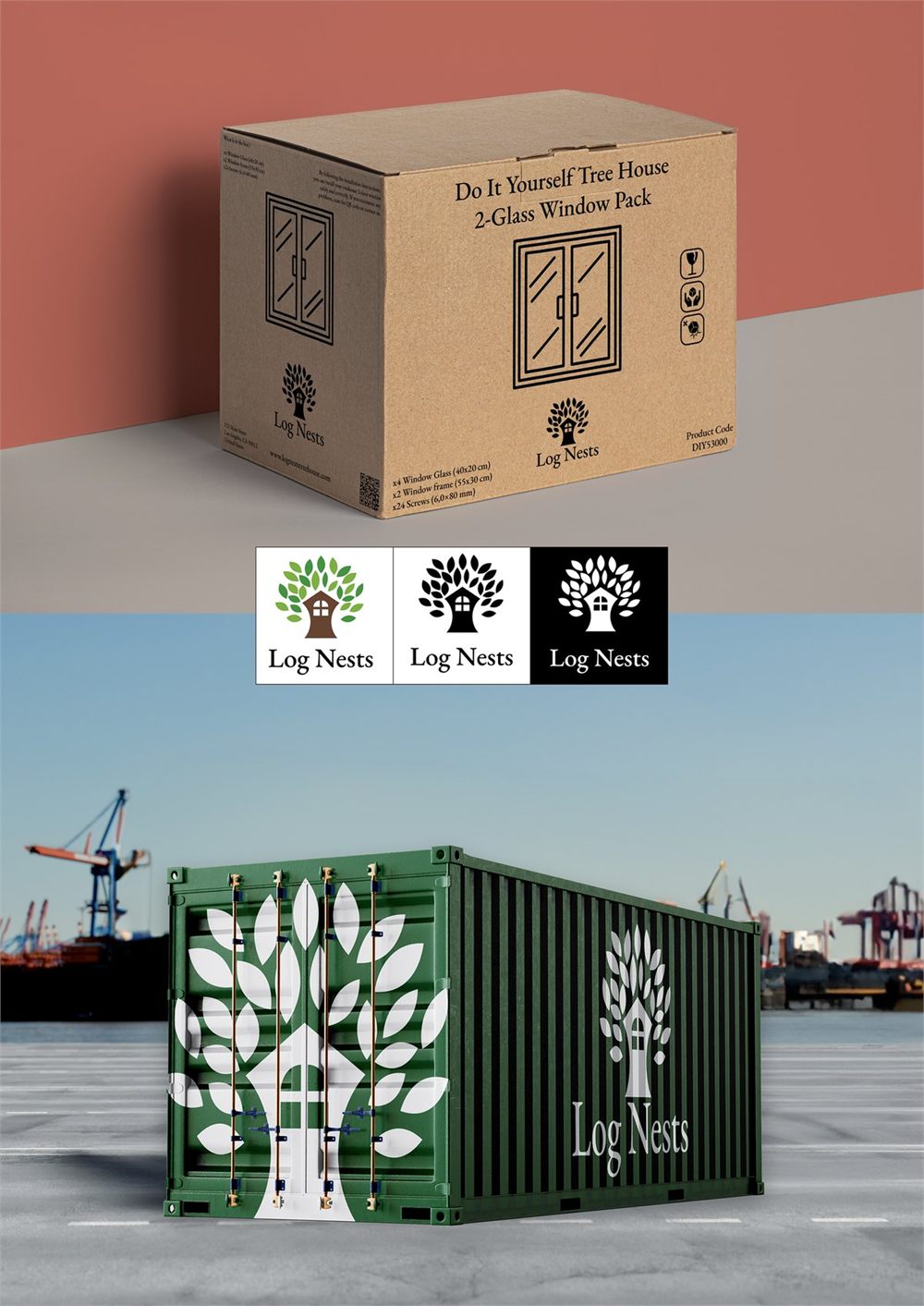 Log Nests packaging board: a kraft 'Do It Yourself Tree House 2-Glass Window Pack' box, the logo's color, black, and white versions, and a green shipping container carrying the mark