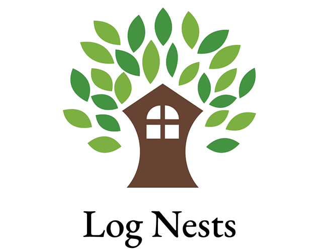 Log Nests logo: a treehouse whose canopy is made of green leaves, on black