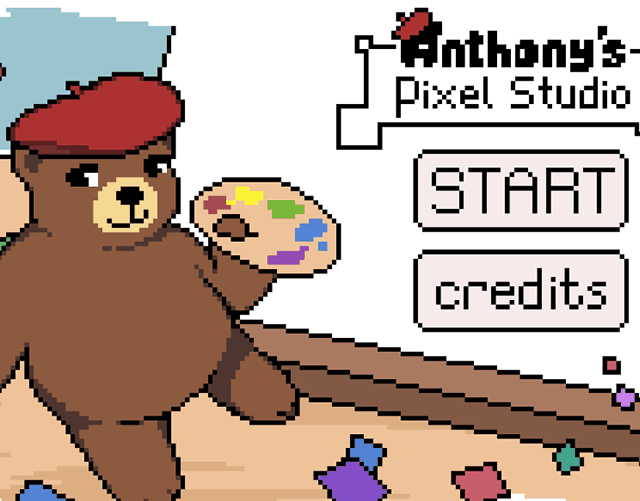 Anthony's Pixel Studio start screen: Anthony the Bear holding a palette beside Start and Credits buttons