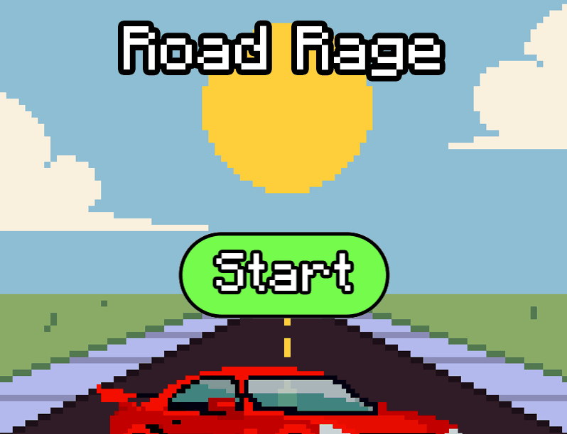 Road Rage start screen: a red pixel-art sports car on a sunny road